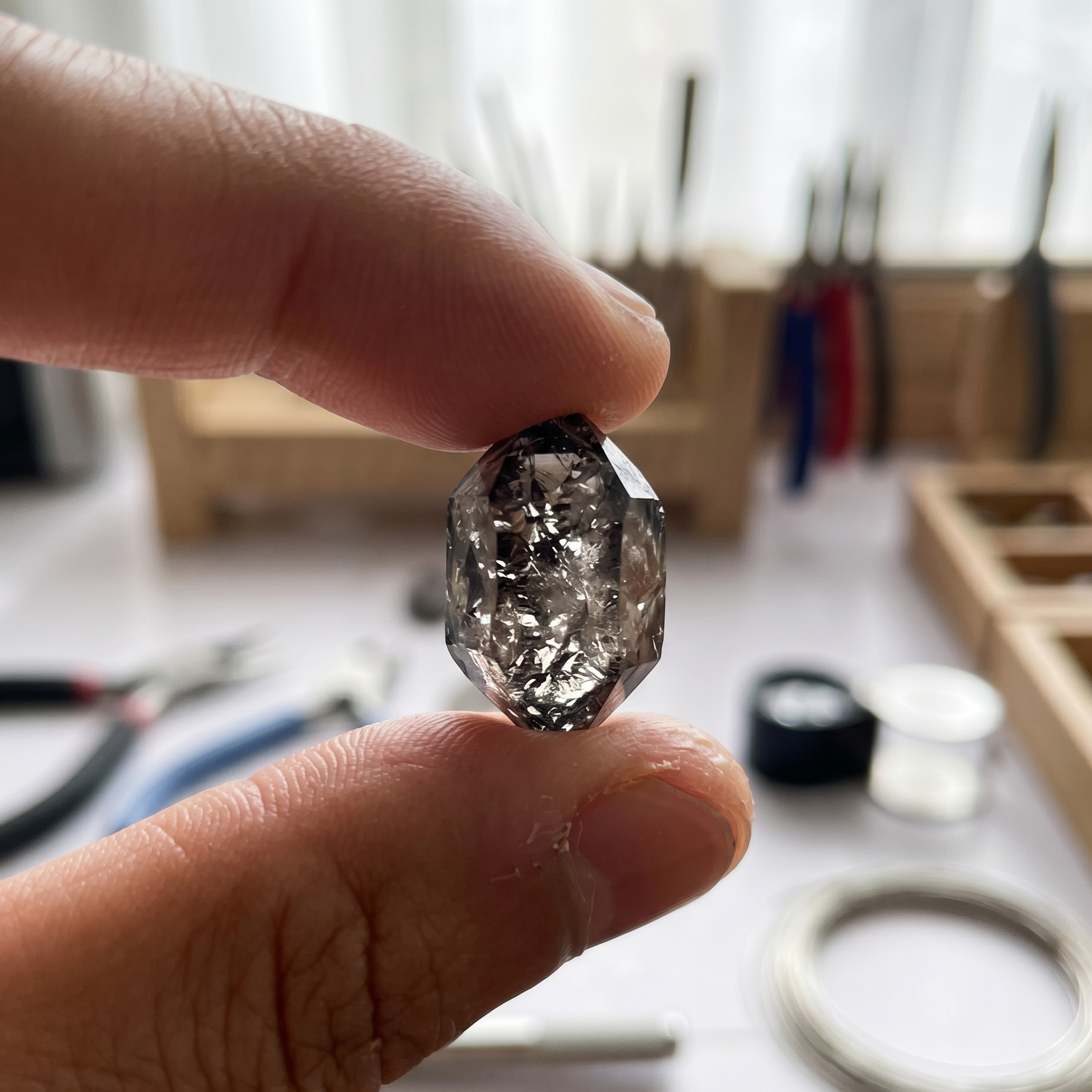 Fingers holding a highly clear, double-terminated raw Herkimer Diamond crystal showcasing its natural uncut beauty