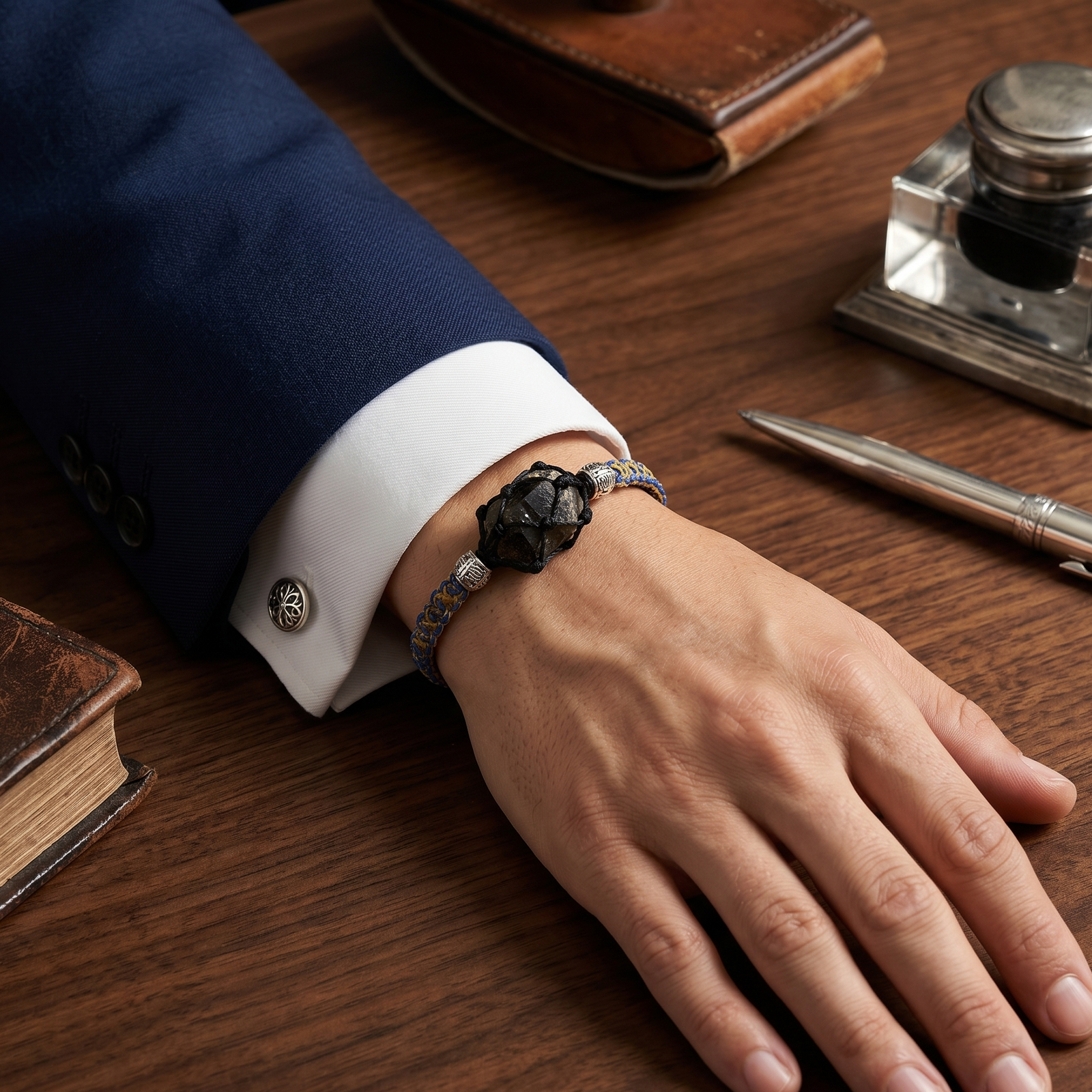 Sophisticated man wearing a tailored suit and a raw Herkimer Diamond macrame crystal bracelet in a professional setting.