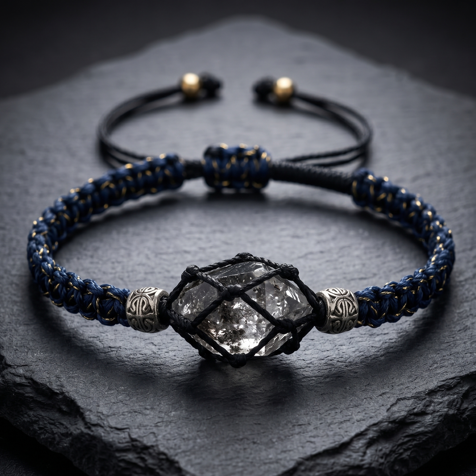 Men's handmade macrame bracelet featuring a raw Herkimer Diamond wrapped in black, midnight blue, and gold cord on a dark slate background.